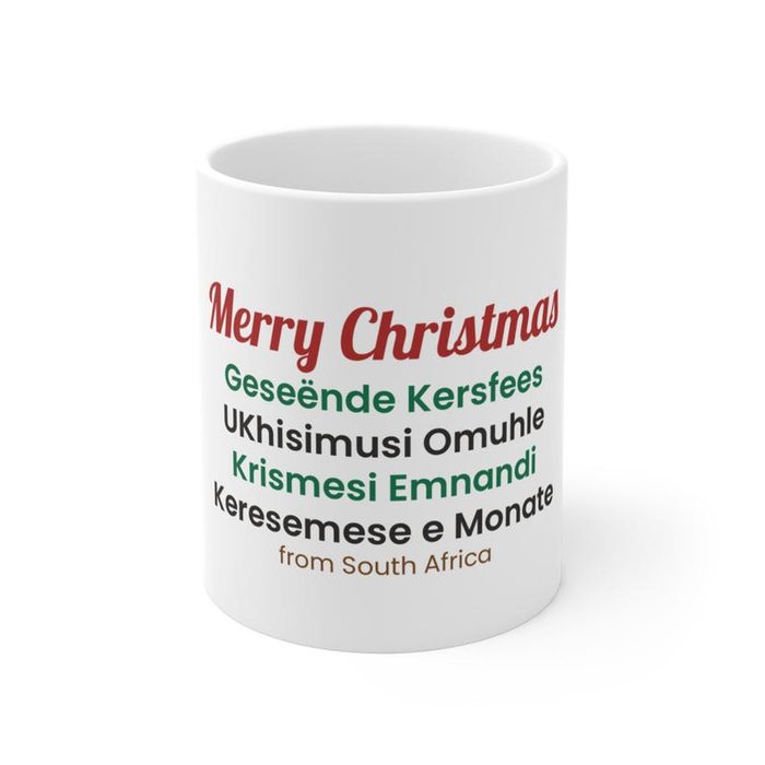 Merry Christmas in 5 SA languages mug
